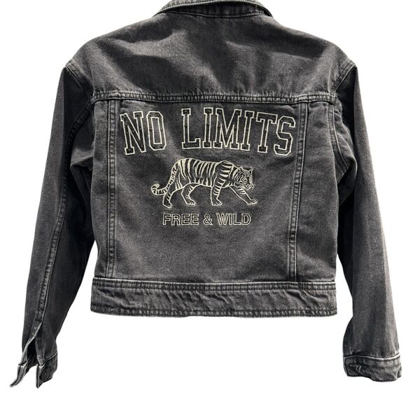 Mango MNG Faded Black Boxy Nonstretch Cropped Denim Jean Jacket XS Embroidered - Picture 1 of 7